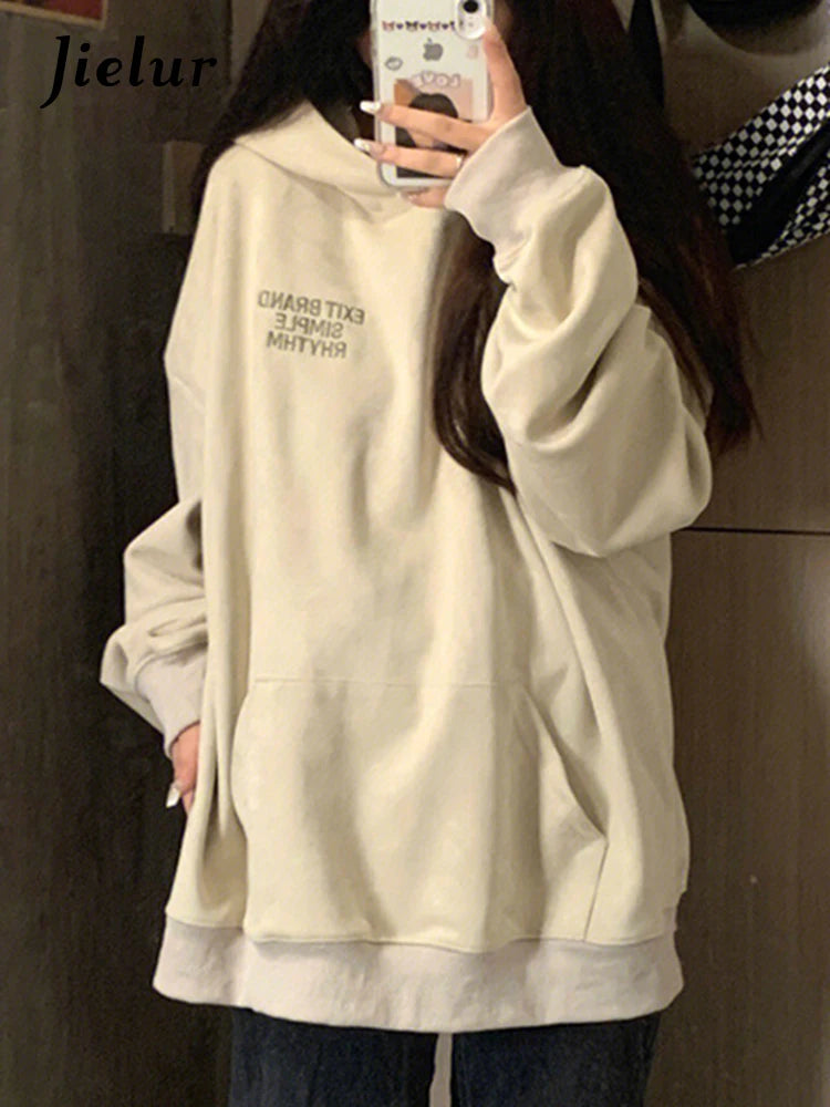 Hooed Pullovers Loose Letter Female Sweatshirt Solid Color Autumn Casual Office Ladies O-neck Chic Simple Women's Hoodies