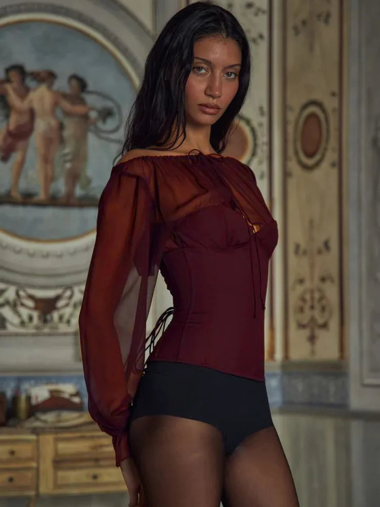 Elegant Long Sleeved Chiffon Patchwork Zipper Slimt Women T-shirt Top Sexy Backless Bandage Tight Top Autumn/winter 2025