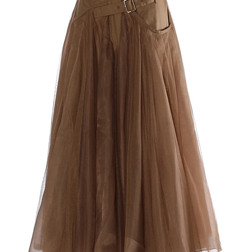 Load image into Gallery viewer, High Waist Khaki Buckle Irregular Mesh Long A-line Half-body Skirt Women Fashion Tide New Spring Autumn 2025 1DH0633
