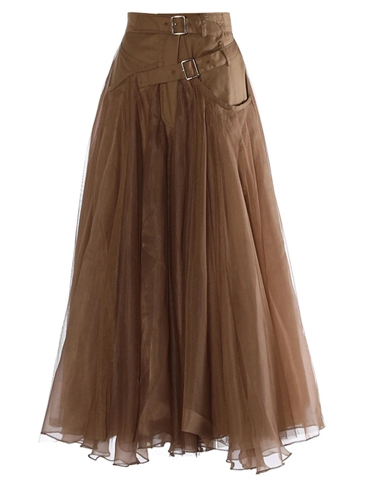 High Waist Khaki Buckle Irregular Mesh Long A-line Half-body Skirt Women Fashion Tide New Spring Autumn 2025 1DH0633