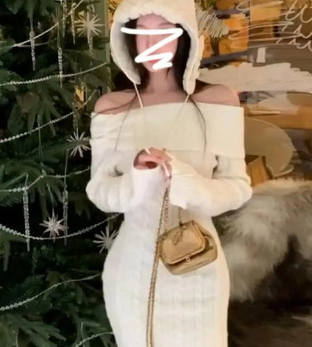 Autumn Winter Korean Version White Off Shoulder Slim Long Sleeve Dress Retro Women Vacation Wrap Hip Knit Short Dress Simple New