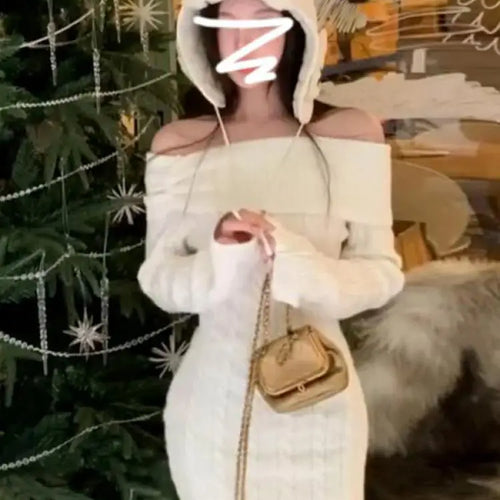 Load image into Gallery viewer, Autumn Winter Korean Version White Off Shoulder Slim Long Sleeve Dress Retro Women Vacation Wrap Hip Knit Short Dress Simple New
