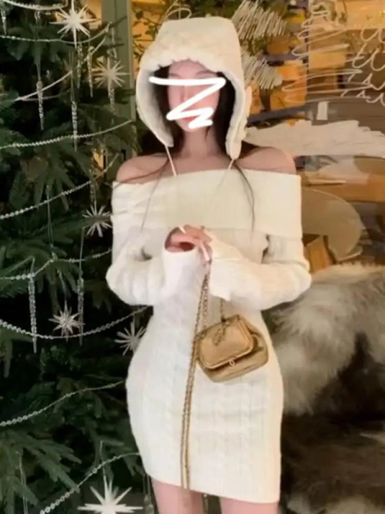 Autumn Winter Korean Version White Off Shoulder Slim Long Sleeve Dress Retro Women Vacation Wrap Hip Knit Short Dress Simple New