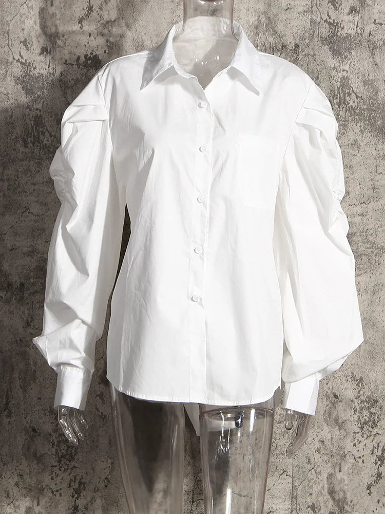 Women Blue Denim Irregular Blouse New Lapel Long Puff Sleeve Loose Fit Shirt Fashion Tide Spring Autumn 2025 1Z595