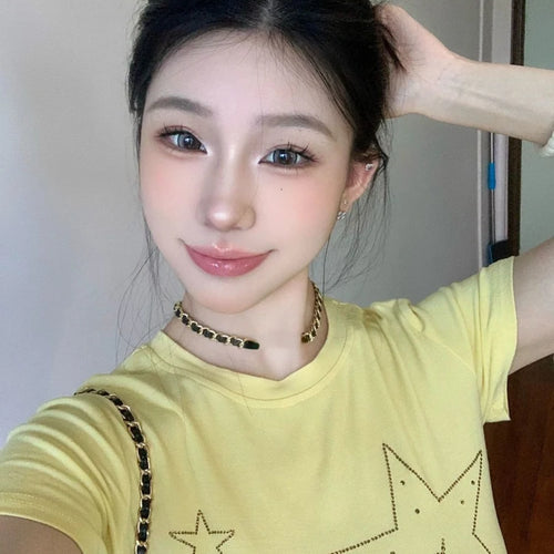 Load image into Gallery viewer, 2025 Summer Yellow Gothic Tee Femme Y2k Aesthetic Slim Women Sexy Crop T-shirt Vintage Diamond Letter Streetwear Grunge Tshirts
