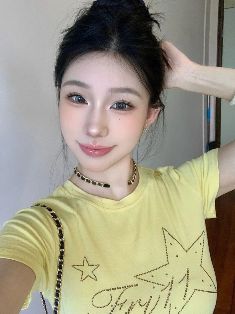 2025 Summer Yellow Gothic Tee Femme Y2k Aesthetic Slim Women Sexy Crop T-shirt Vintage Diamond Letter Streetwear Grunge Tshirts