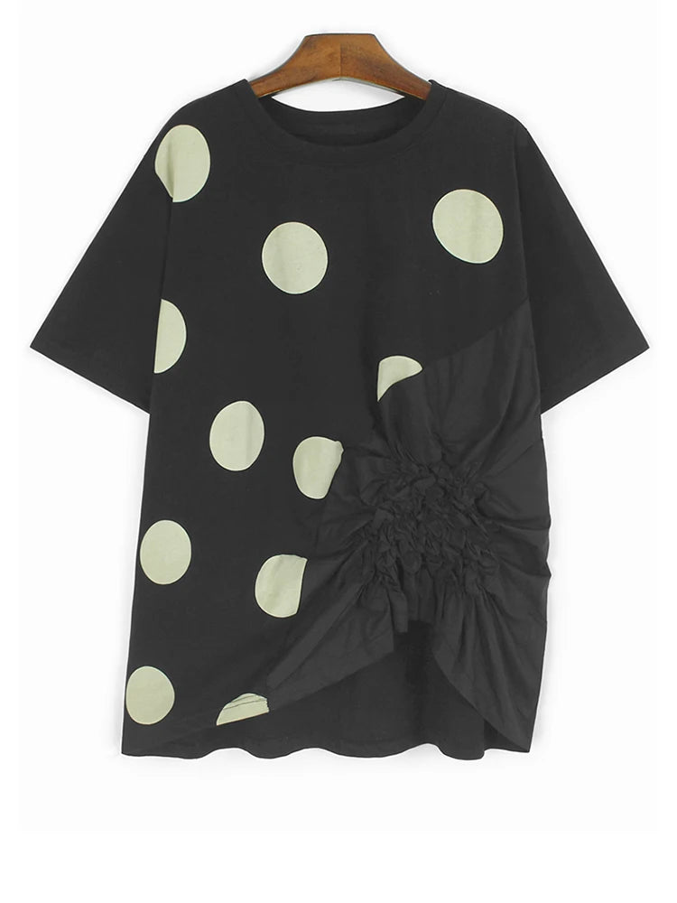 Women Gray Dot Printed Irregular Pleated Big Size T-shirt New Round Neck Short Sleeve Fashion Spring Summer 2025 1DJ1130
