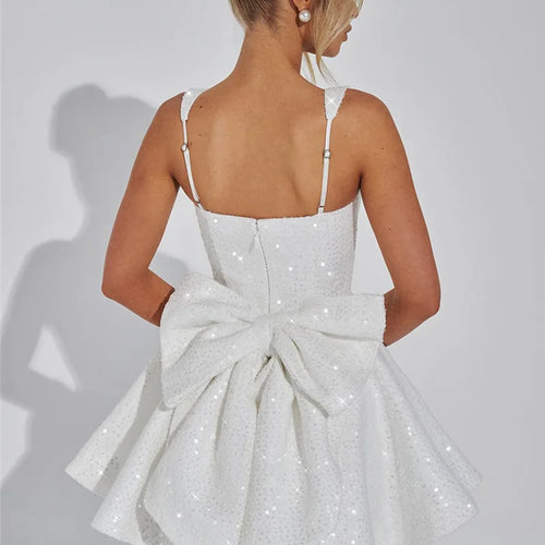 Load image into Gallery viewer, Sequins Bow Backless Sexy Mini Dress For Women Robe Fashion Square Collar Sleeveless High Waist A-line Club Dress

