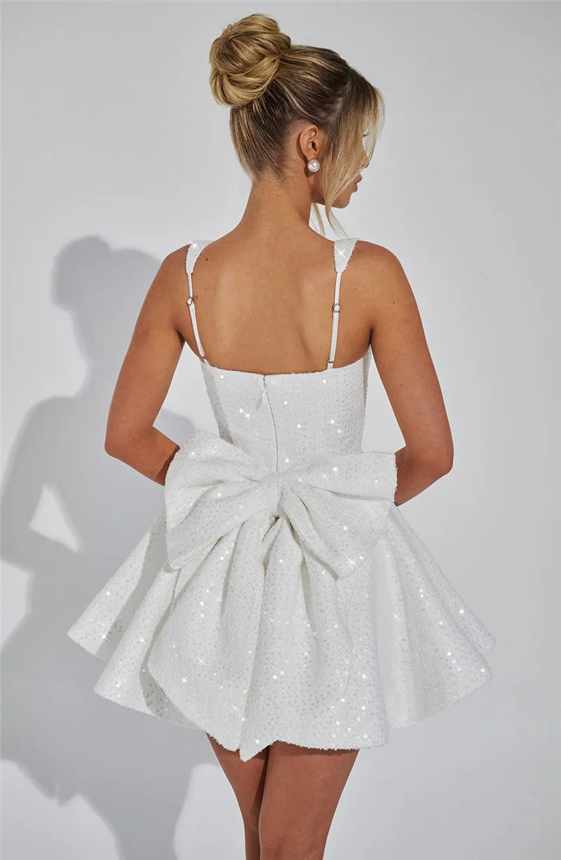 Sequins Bow Backless Sexy Mini Dress For Women Robe Fashion Square Collar Sleeveless High Waist A-line Club Dress