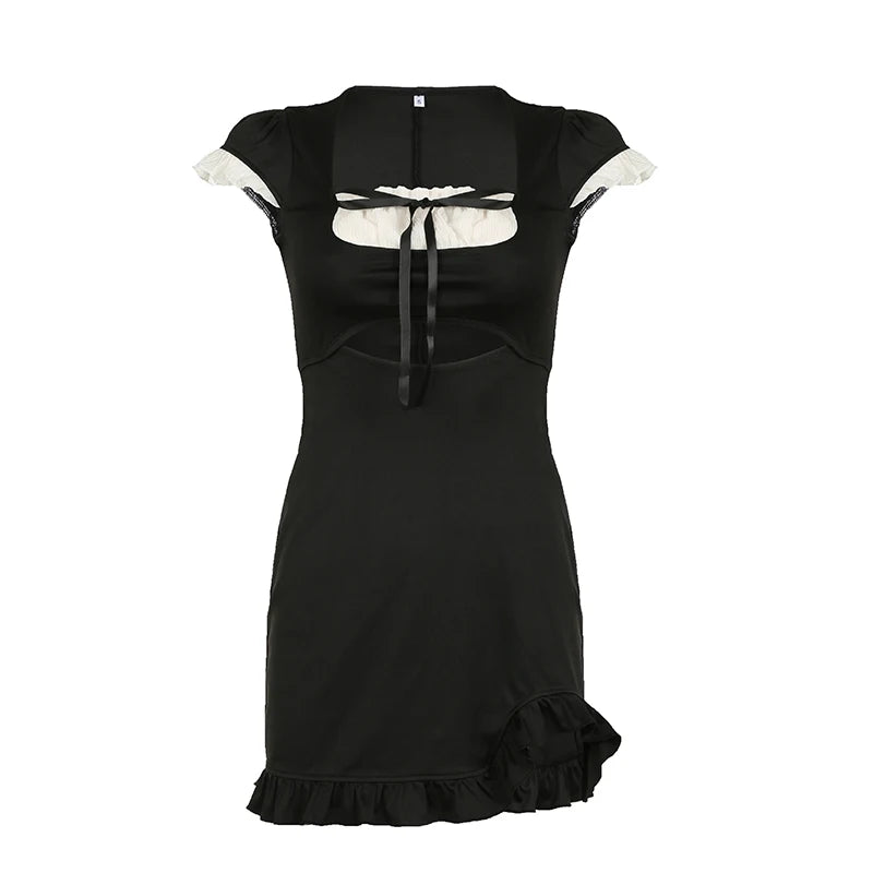 Korean Fashion Ruffles Patchwork Slim Black Mini Dress Tie-Up Casual Sweet Chic Women Summer Dresses Cut Out Outfits