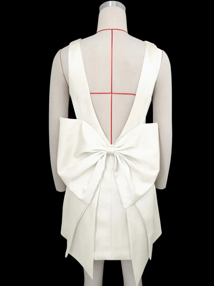 Backless Bow Sexy Mini Dress Women Robe Fashion Solid O Neck Sleeveless High Waist Club Party Elegant Dress Clubwear