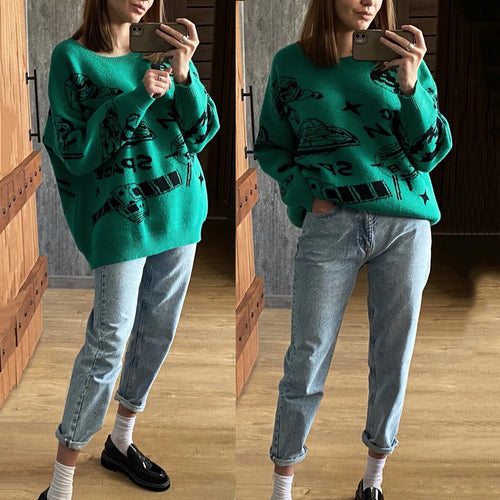 Load image into Gallery viewer, Hip Hop Streetwear Harajuku Oversized Sweater Vintag Retro Jumper UFO Knitted Jumper 2022 Thicken Warm  Pullover C-099
