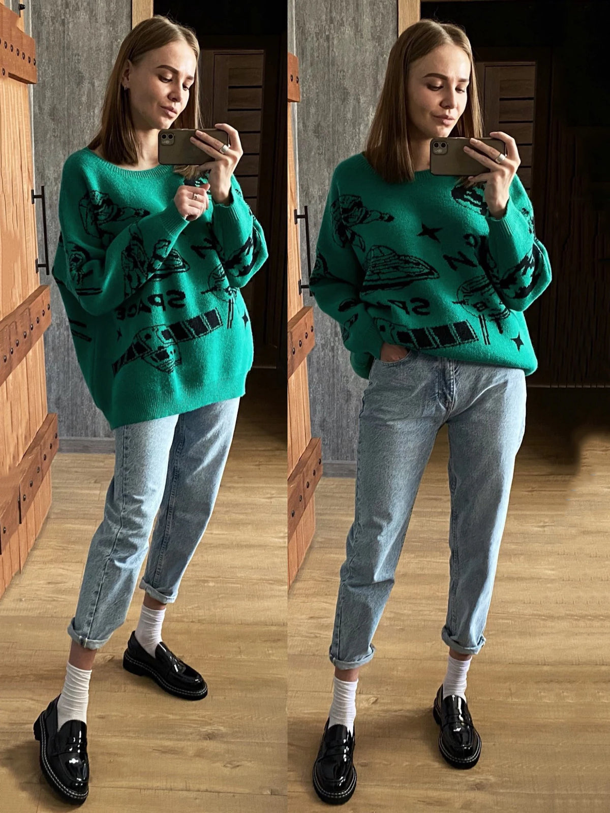 Hip Hop Streetwear Harajuku Oversized Sweater Vintag Retro Jumper UFO Knitted Jumper 2022 Thicken Warm  Pullover C-099