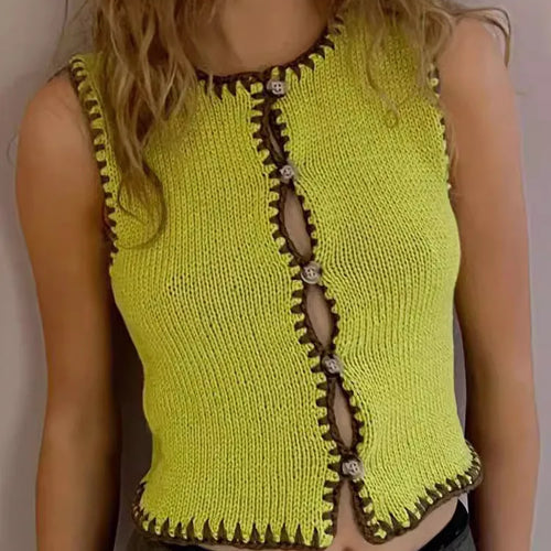 Load image into Gallery viewer, Contrast Color Knit Sweater Vest Women O Neck Single-btrasted Sleeveless Crop Tops Ladies Fashion Knitted Tops Vest
