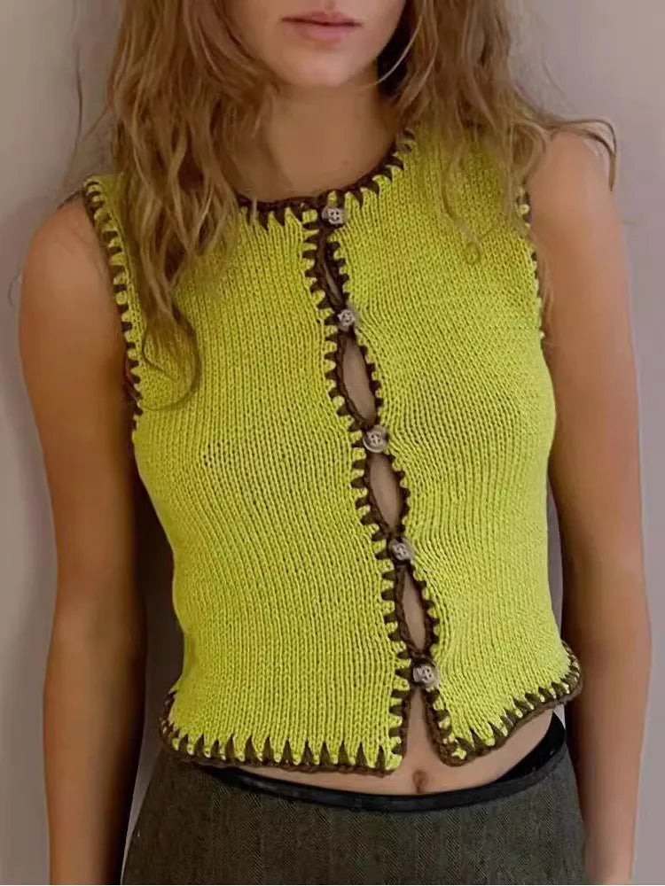 Contrast Color Knit Sweater Vest Women O Neck Single-btrasted Sleeveless Crop Tops Ladies Fashion Knitted Tops Vest