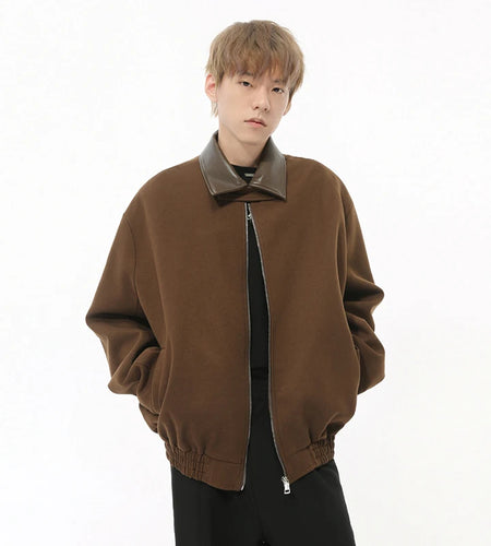 Korean style men's coats PU splicing loose simple turn-down collar solid color casual male jackets new fashion 9C8724