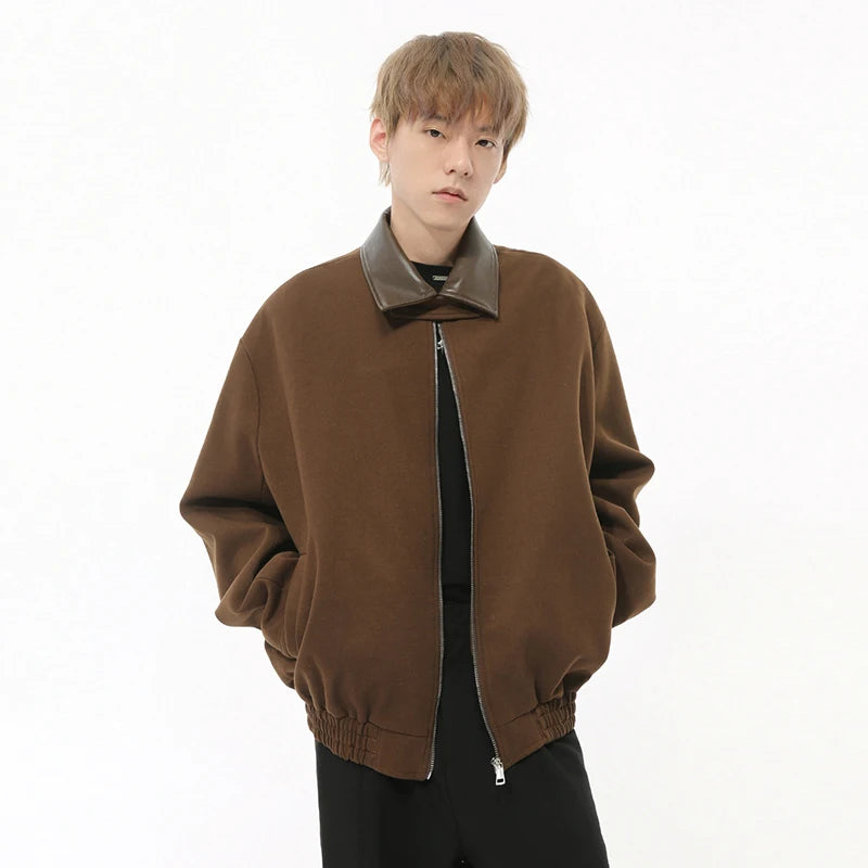 Korean style men's coats PU splicing loose simple turn-down collar solid color casual male jackets new fashion 9C8724