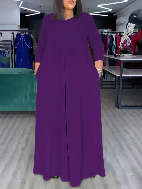 Summer Fashion Afican Loose Soild Color JumpSuits for Women with Pockets Round-Neck Wide Leg Pants Jumpsuit Female