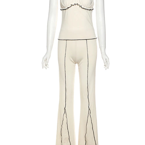 Load image into Gallery viewer, Simple Patchwork Stripe Women 2Piece Set Casual Ruched Edging Camisole+Flare Pants Matching Street Stretch Casual Outfits
