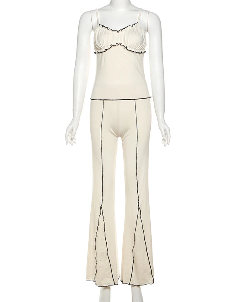 Simple Patchwork Stripe Women 2Piece Set Casual Ruched Edging Camisole+Flare Pants Matching Street Stretch Casual Outfits