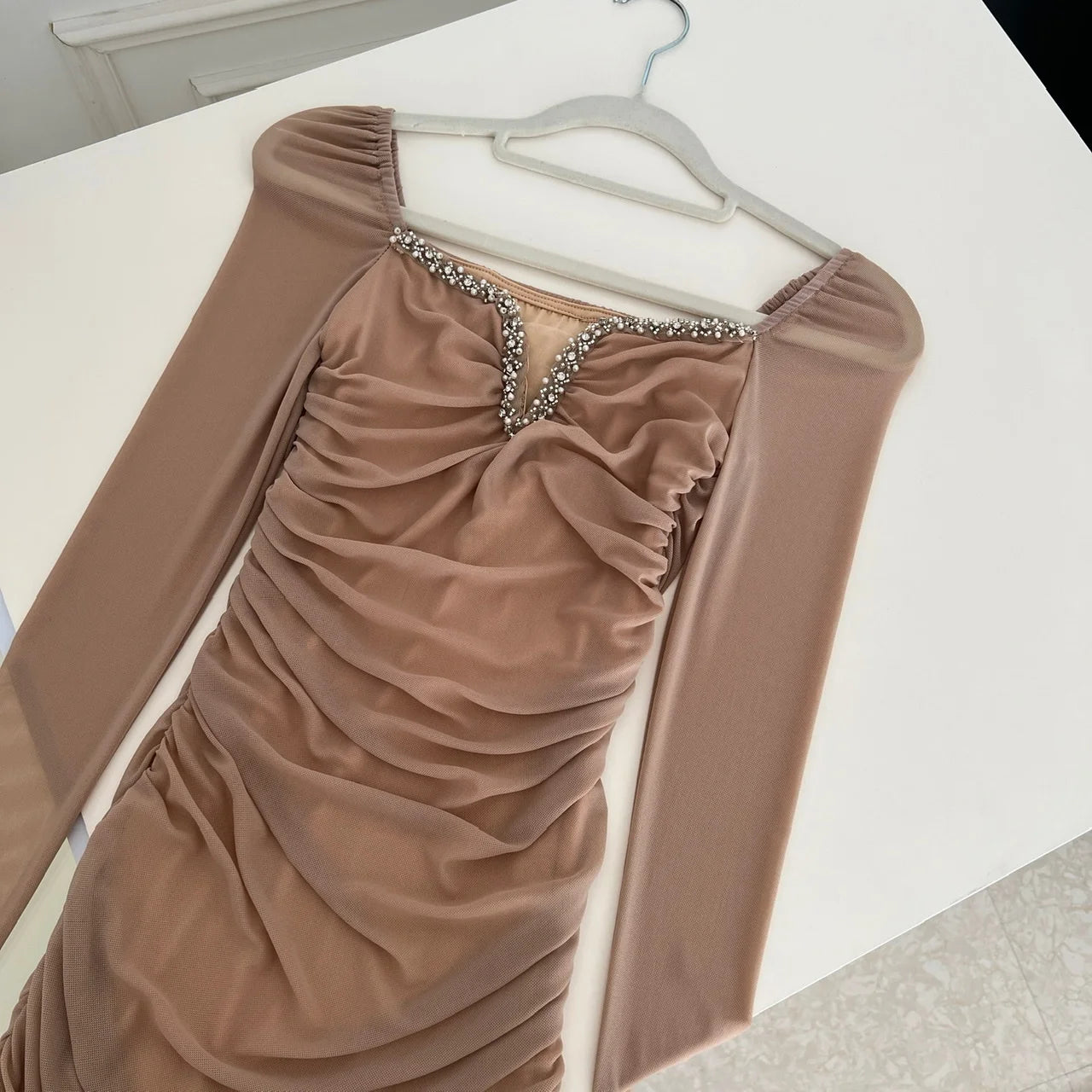 Autumn Vintage Fashion Black Mesh Square Neck Elegant Pleated Short Dress Women Brown Diamonds Long Sleeves Festival Party Dress