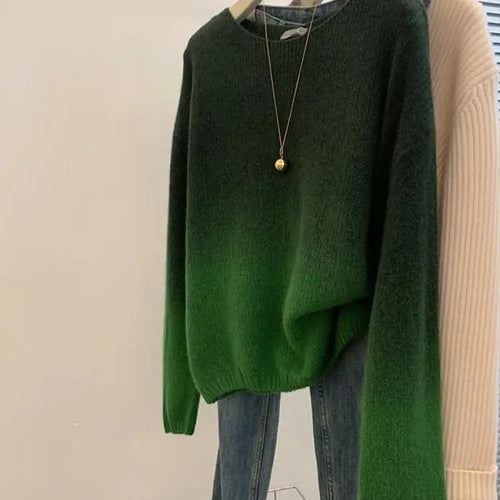 Load image into Gallery viewer, Autumn Winter Green Gradient Elegant Short Sweater Women Korean Fashion Elegent O-neck Long Sleeve Festival Knit Pullover Tops
