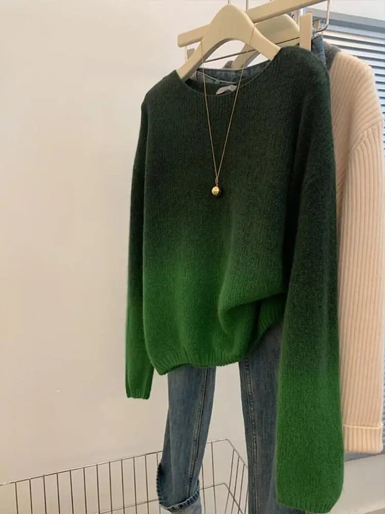 Autumn Winter Green Gradient Elegant Short Sweater Women Korean Fashion Elegent O-neck Long Sleeve Festival Knit Pullover Tops
