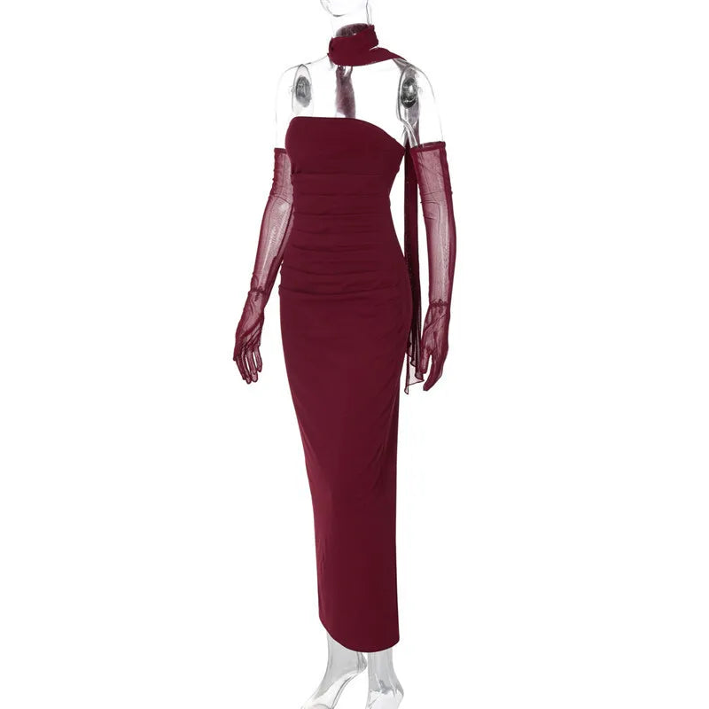 Strapless Backless Sexy Maxi Dress For Women Burgundy Mesh Sleeve Off-shoulder Bodycon Club Party Evening Long Dress