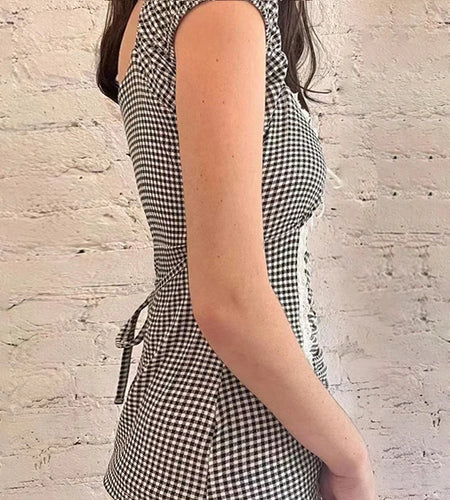 Y2K Vintage Suqare Neck Plaid Top Lace Trim Fold Summer T shirt Female Bow Tie Up Aesthetic Shirt Slim Ruched Outfits