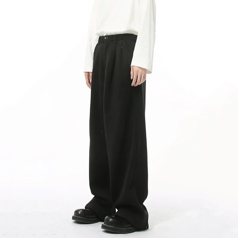 Korean Style Men's Casual Pants Woolen Solid Color Pleated Trousers Straight Wide Leg Loose Male Bottom New Winter 9C9212