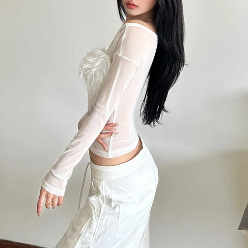 Load image into Gallery viewer, Y2k Aesthetic Vintage Fur Patchwork Tees Autumn Slim Streetwear Letter See Through Tshirts Women Harajuku Grunge Crop Mesh Tops
