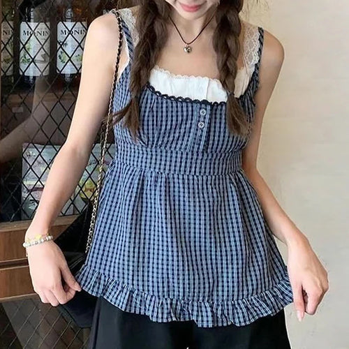 Load image into Gallery viewer, Korean Fashion Y2K Aesthetic Summer Camisole Tops Plaid Fake Two Pieces Patched Lace Trim Tank Top Ruffles Cutecore
