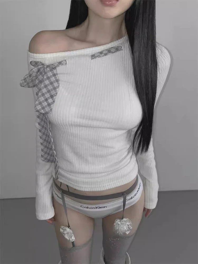 Sext T Shirts for Women Off Shoulder Bandage Bow Tees 2024 Ropa Mujer Long Sleeve Tunic Camisers Y2k Tops Irregular Chic T-shirt