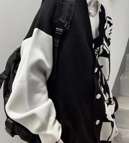 Casual Streetwear Angel Print Contrast Color Cardigan Women Loose Sweater Coat Autumn Harajuku Aesthetic Knitted Jumper