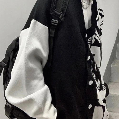 Load image into Gallery viewer, Casual Streetwear Angel Print Contrast Color Cardigan Women Loose Sweater Coat Autumn Harajuku Aesthetic Knitted Jumper
