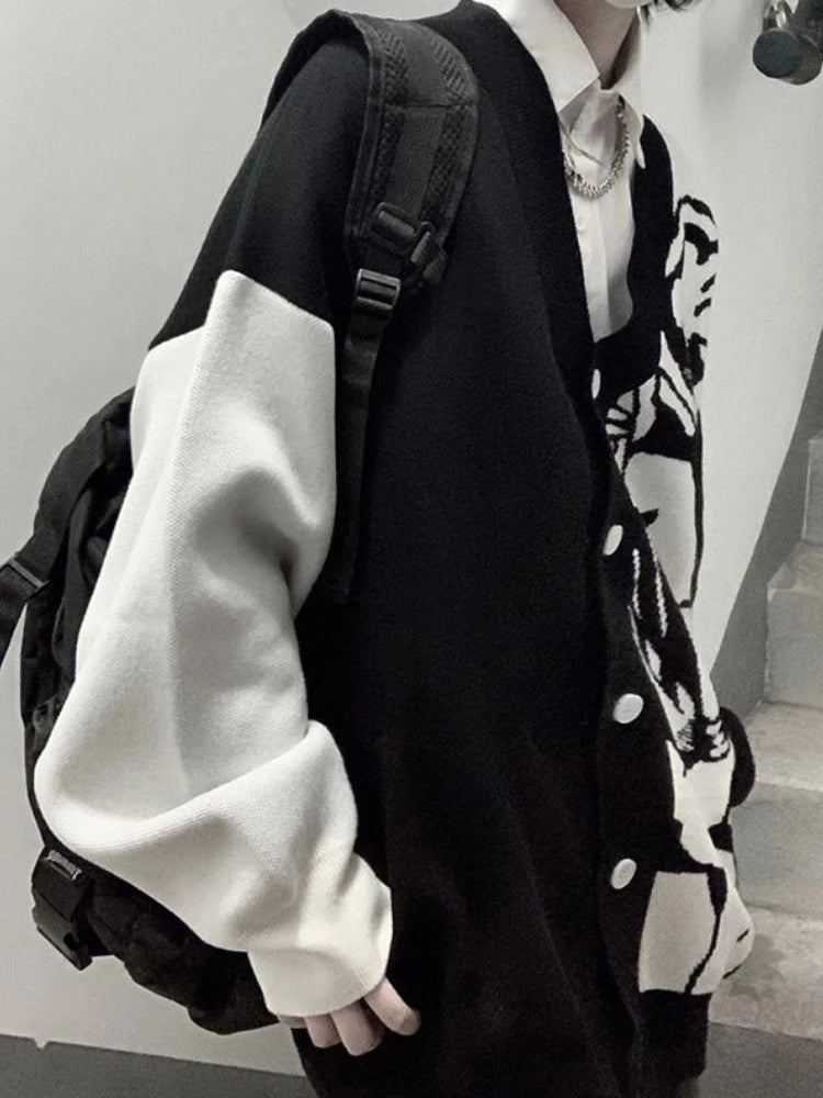 Casual Streetwear Angel Print Contrast Color Cardigan Women Loose Sweater Coat Autumn Harajuku Aesthetic Knitted Jumper