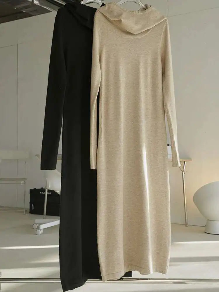 Women Oat Color Knitting Ankle Length Dress New Hooded Long Sleeve Loose Fit Fashion Tide Spring Autumn 2025 1DH3764