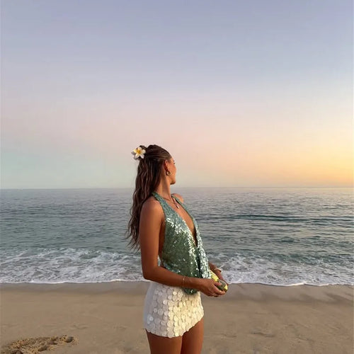 Load image into Gallery viewer, Halter Deep V Neck Sexy Crop Tops Women Sequins Beach Club Tank Tops Female Summer New Holiday Party Cropped Tops
