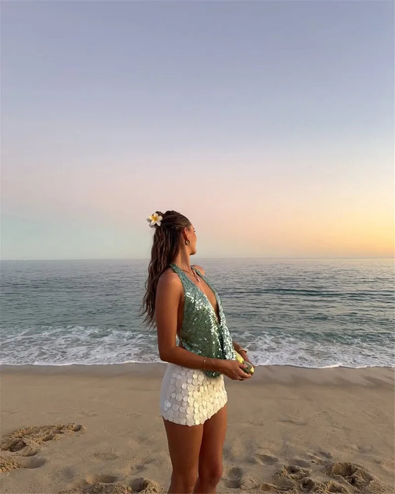 Halter Deep V Neck Sexy Crop Tops Women Sequins Beach Club Tank Tops Female Summer New Holiday Party Cropped Tops