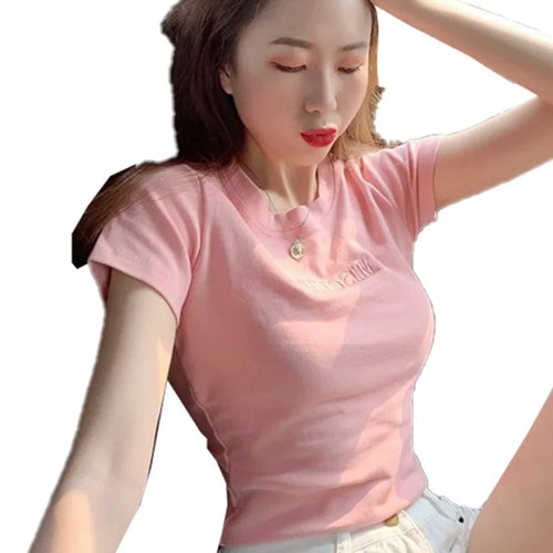 Load image into Gallery viewer, Women Short Sleeve Top Pure Ladies T-shirt Brand Letter Summer Embroidered Clothing Slim Cotton Pure Color Fashion Round Neck
