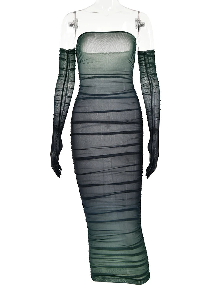 Mesh Gradient Patch Women's Dress Modified Bodycon Strapless Split Double Layer Midi Vesidos Party Club Evening Dress