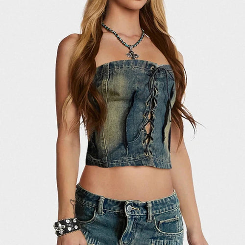 Load image into Gallery viewer, Streetwear Straples Bodycon Denim Top Female Distressed Stitch Lace Up Sexy Tube Top Summer Club Party Y2K Hottie New
