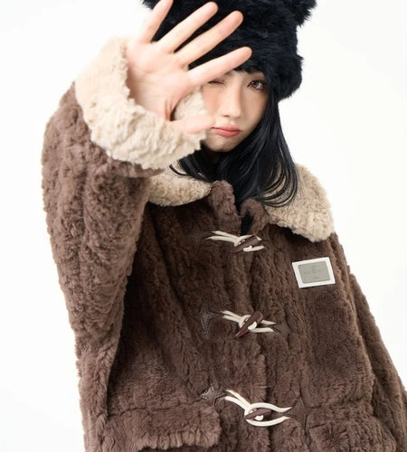 Contrast Color Streetwear Fashion Fluffy Warm Jackets Y2k Aesthetic All Match Horn Button Tops Casual Grunge Loose Coats Women