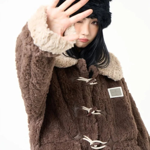 Load image into Gallery viewer, Contrast Color Streetwear Fashion Fluffy Warm Jackets Y2k Aesthetic All Match Horn Button Tops Casual Grunge Loose Coats Women
