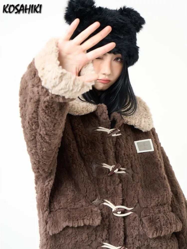 Contrast Color Streetwear Fashion Fluffy Warm Jackets Y2k Aesthetic All Match Horn Button Tops Casual Grunge Loose Coats Women