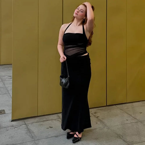 Load image into Gallery viewer, Mesh Patchwork Backless Sexy Maxi Dress For Women Gown Fashion Halter Sleeveless Strapless Bodycon Club Long Dress
