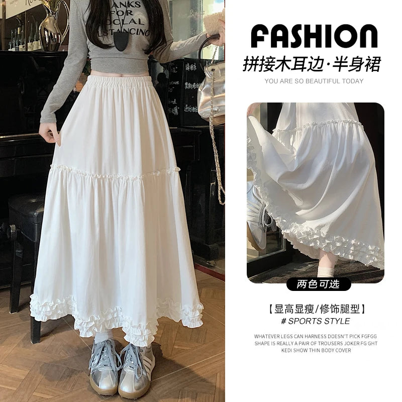 Spring Summer French Vintage Fashion Black Elegant Sexy Ruffle Edge Pleated Long Skirt Women White High Waist Slim Skirts 2025