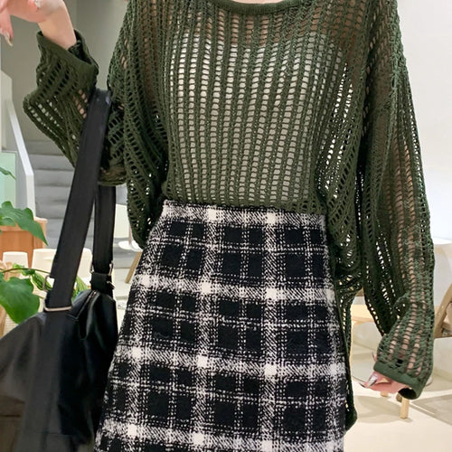 Load image into Gallery viewer, Green Hollow Out Big Size Knitting Sweater Round Neck Long Sleeve Women Pullovers New Fashion Spring Autumn 2025 1DJ1621
