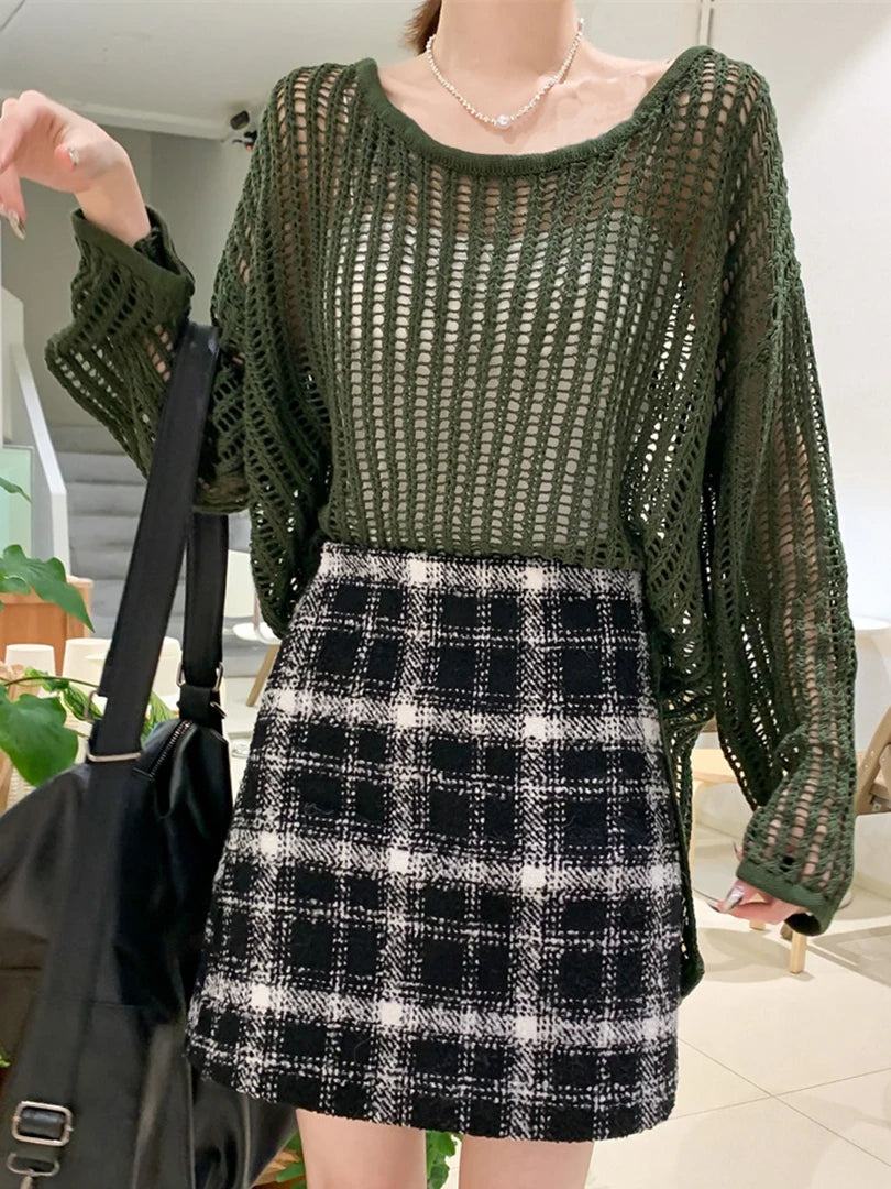 Green Hollow Out Big Size Knitting Sweater Round Neck Long Sleeve Women Pullovers New Fashion Spring Autumn 2025 1DJ1621