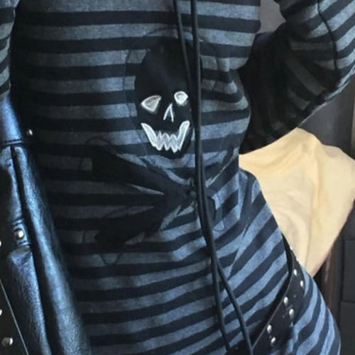 Load image into Gallery viewer, Stripe Grunge T-shirt Women Harajuku Vintage Punk Skull Print Tops Casual Y2k Aesthetic Streetwear Loose Gothic Bandage Tshirts
